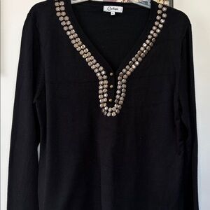 Retro Black Embellished V-Neck Sweater